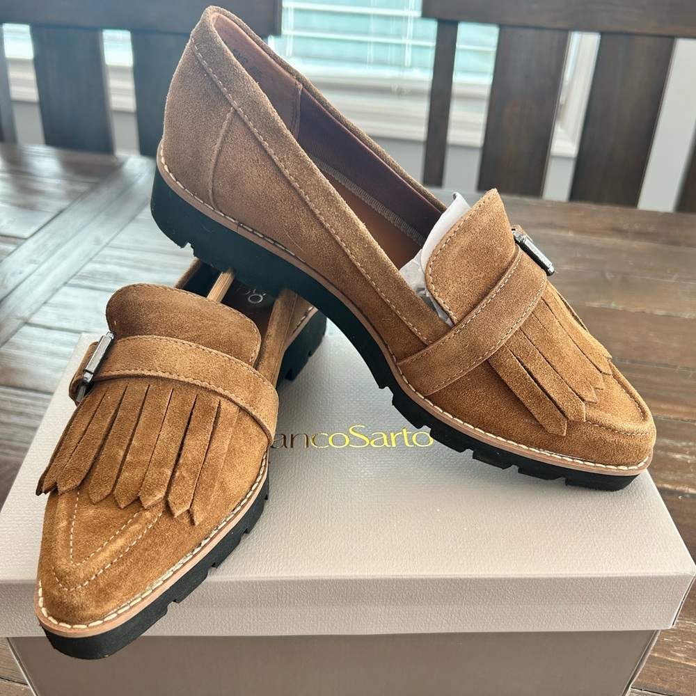 Franco Sarto Brown Suede Fringe Loafers